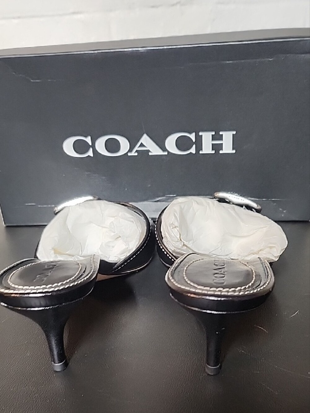 Coach Margo Black Leather Buckle Kitten-Heel Slides - Picture 5 of 10